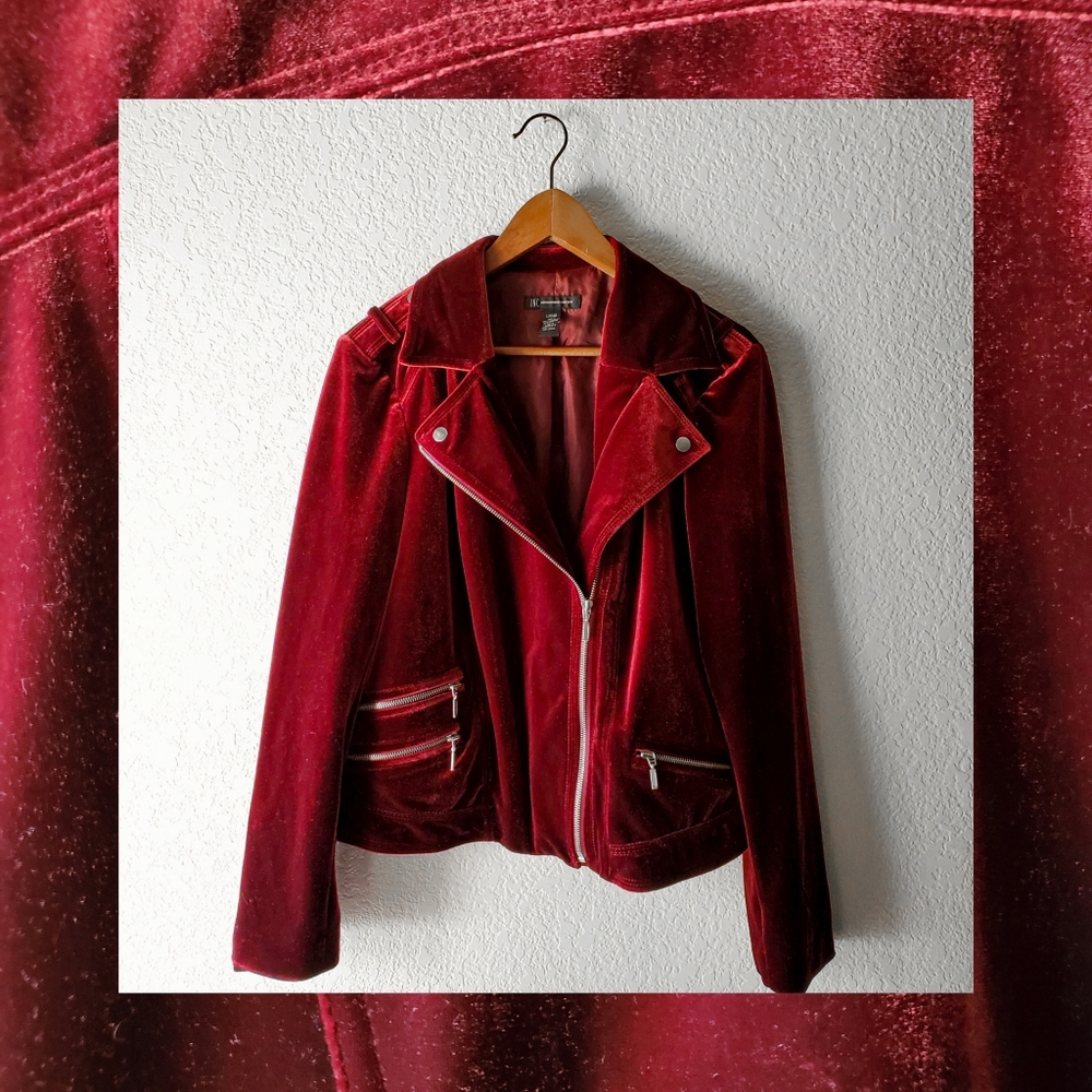INC Blood Red Velvet Cropped Moto Jacket